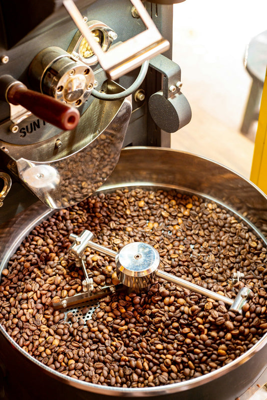 Grains de café fraîchement torréfiés dans le bac de refroidissement du torréfacteur